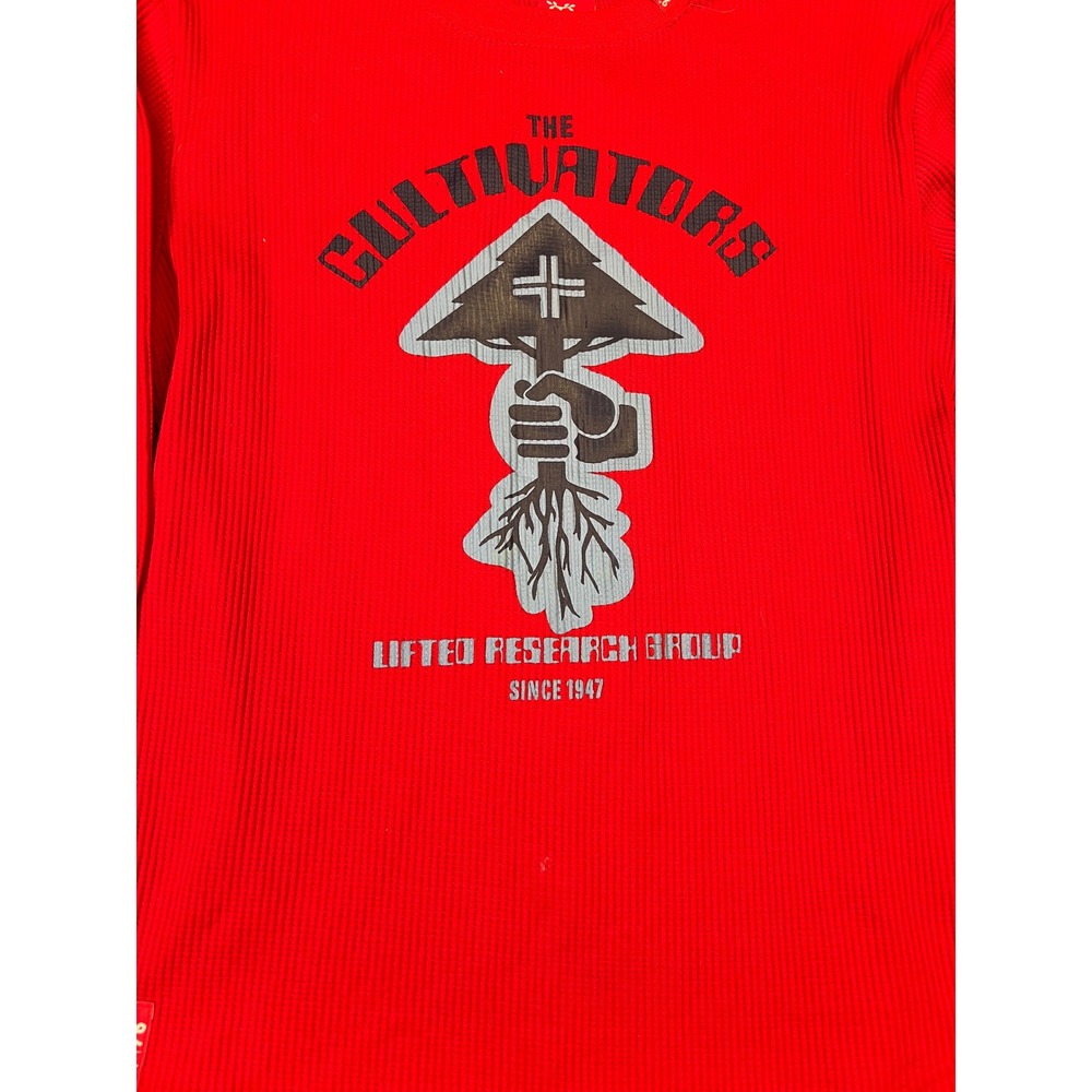 LRG Lifted Research Group Mens Red Thermal Waffle Knit Cultivators Graphic Shirt